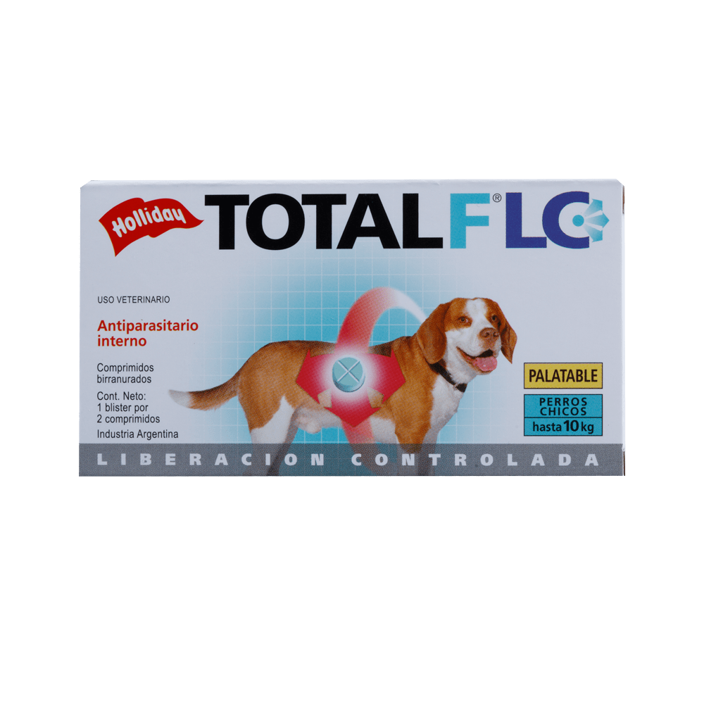 Caja de desparasitante canino “TOTAL FLC”, con ilustración de un perro y el texto “Liberación controlada”.