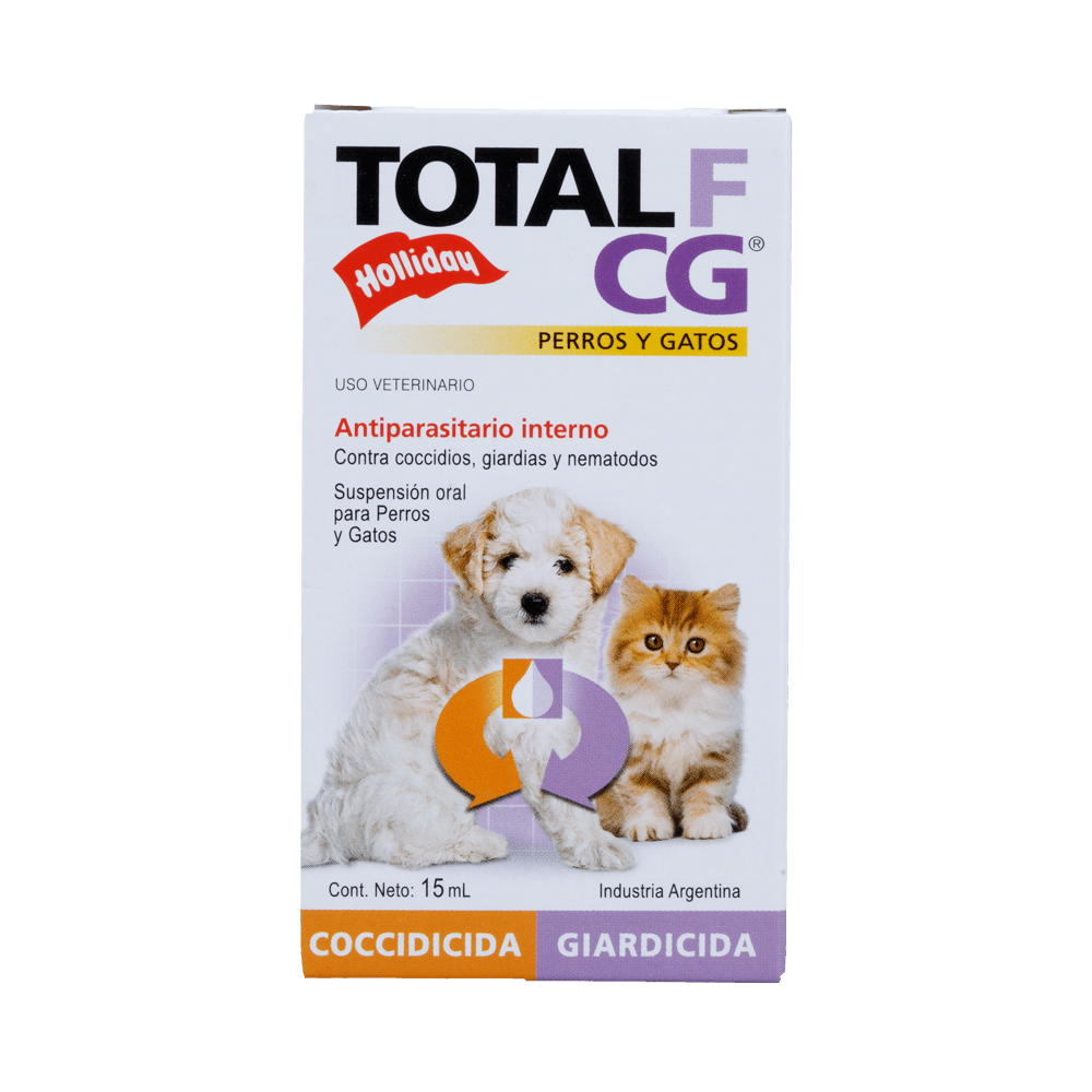 Caja de medicamento antiparasitario Total FCG para perros y gatos, con imágenes de un cachorro y un gatito.