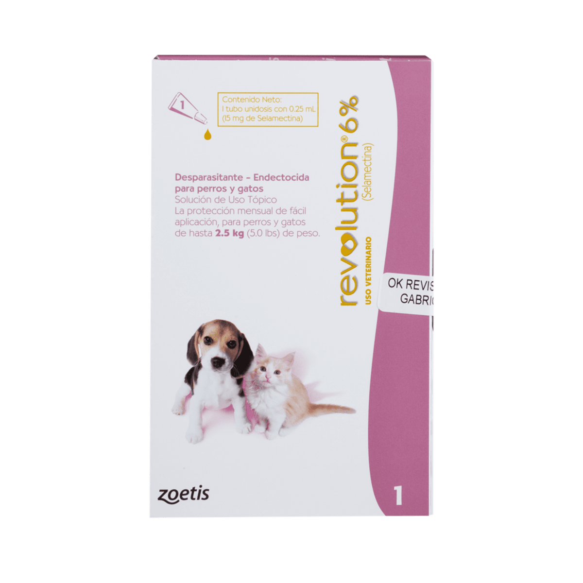 Caja de solución tópica Revolution 6% para perros y gatos, con foto de un cachorro y un gatito.