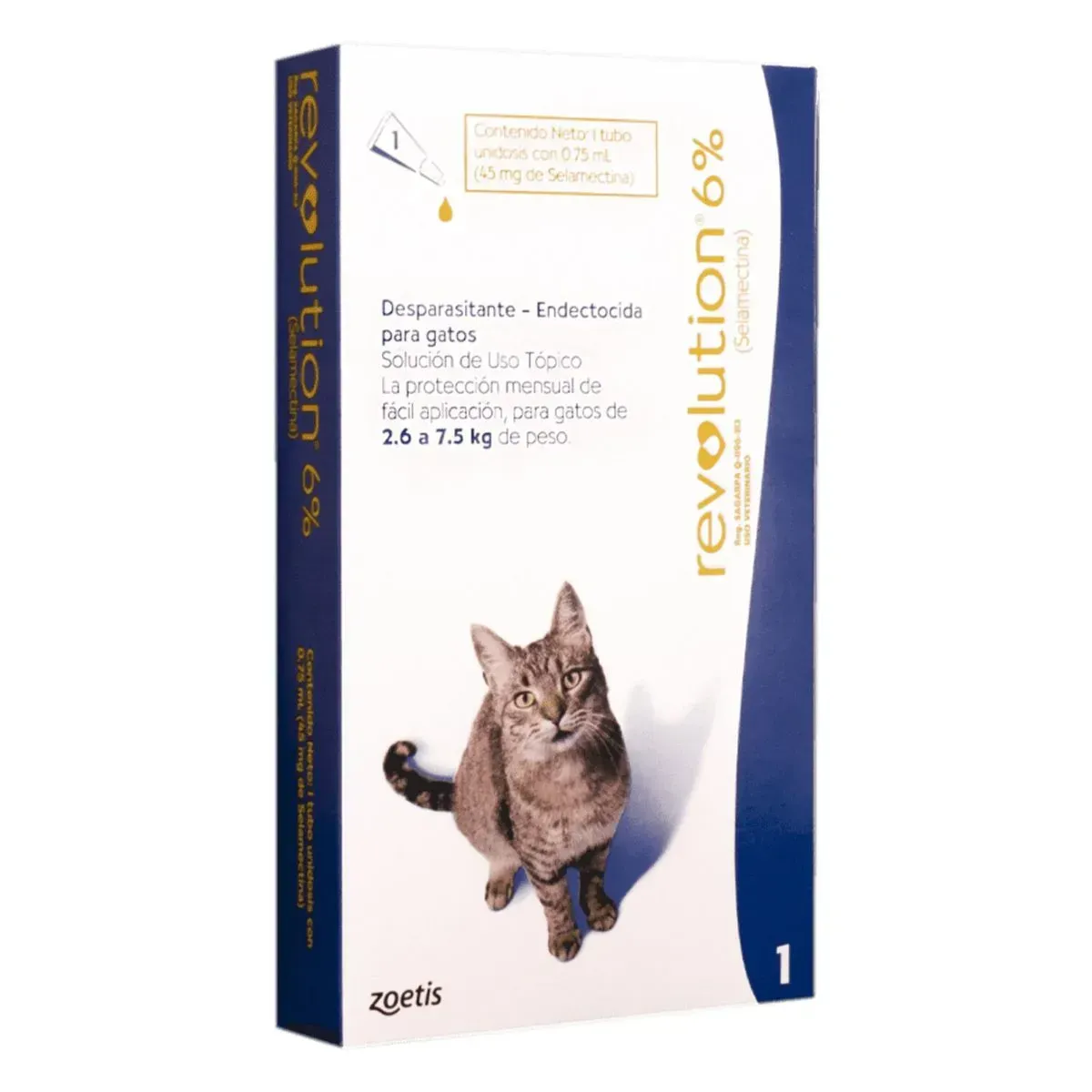 Caja de medicamento tópico Revolution 6% para gatos, con ilustración de un gato y detalles del producto.