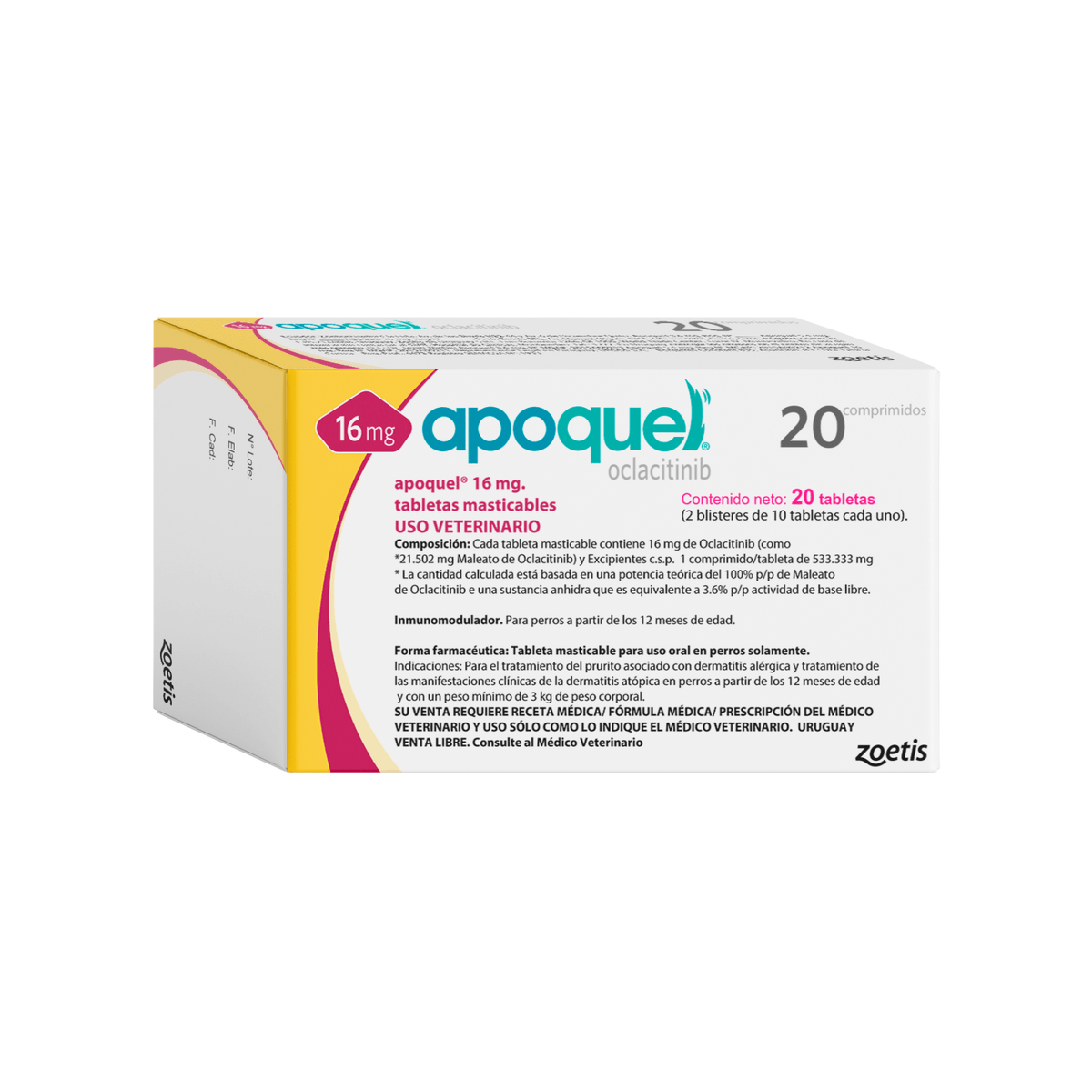 Caja de comprimidos Apoquel 16mg para perros, de color blanco con detalles en amarillo y rosa.