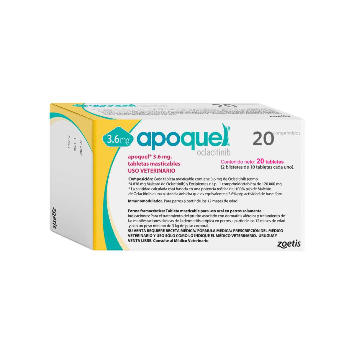 Caja de comprimidos de Apoquel para perros, con información de dosis y el logotipo de Zygnetis.