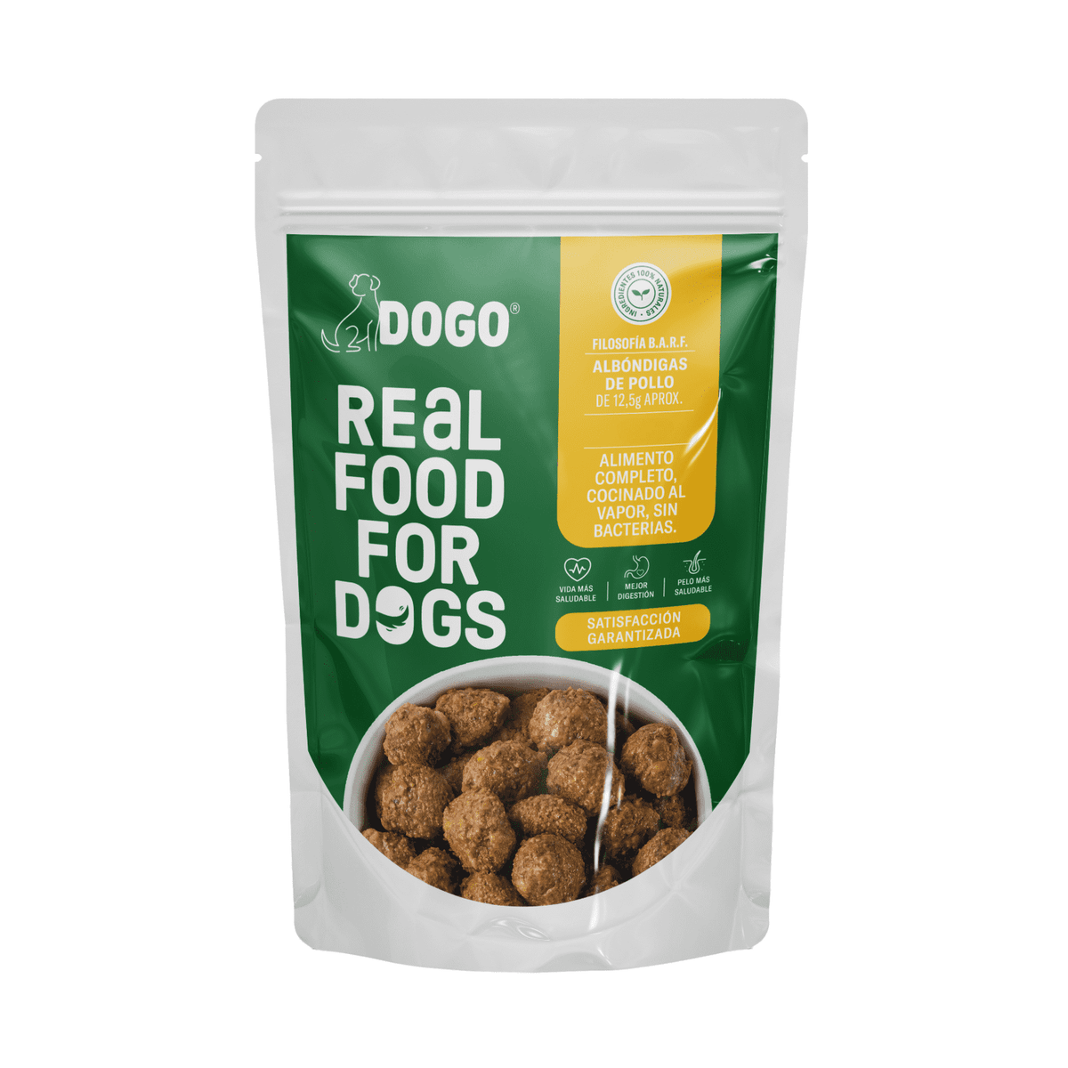 Bolsa de comida Dogo Real para perros, con un cuenco de comida visible. Etiqueta verde y amarilla.