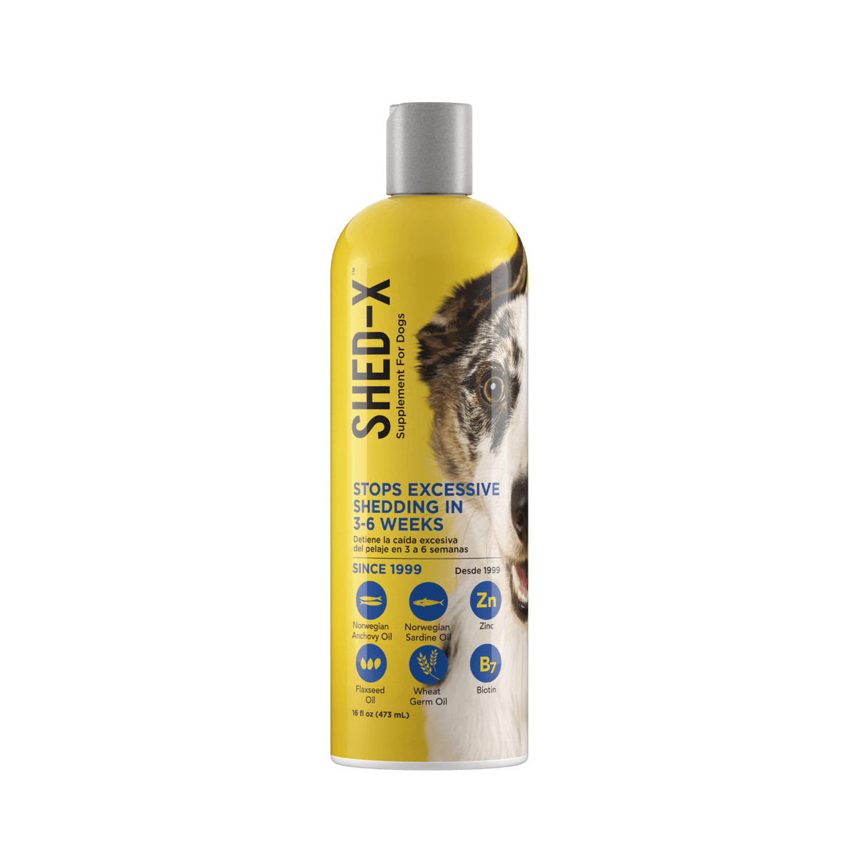 Botella amarilla de champú Shed-X para perros, con la cara visible. Texto: 