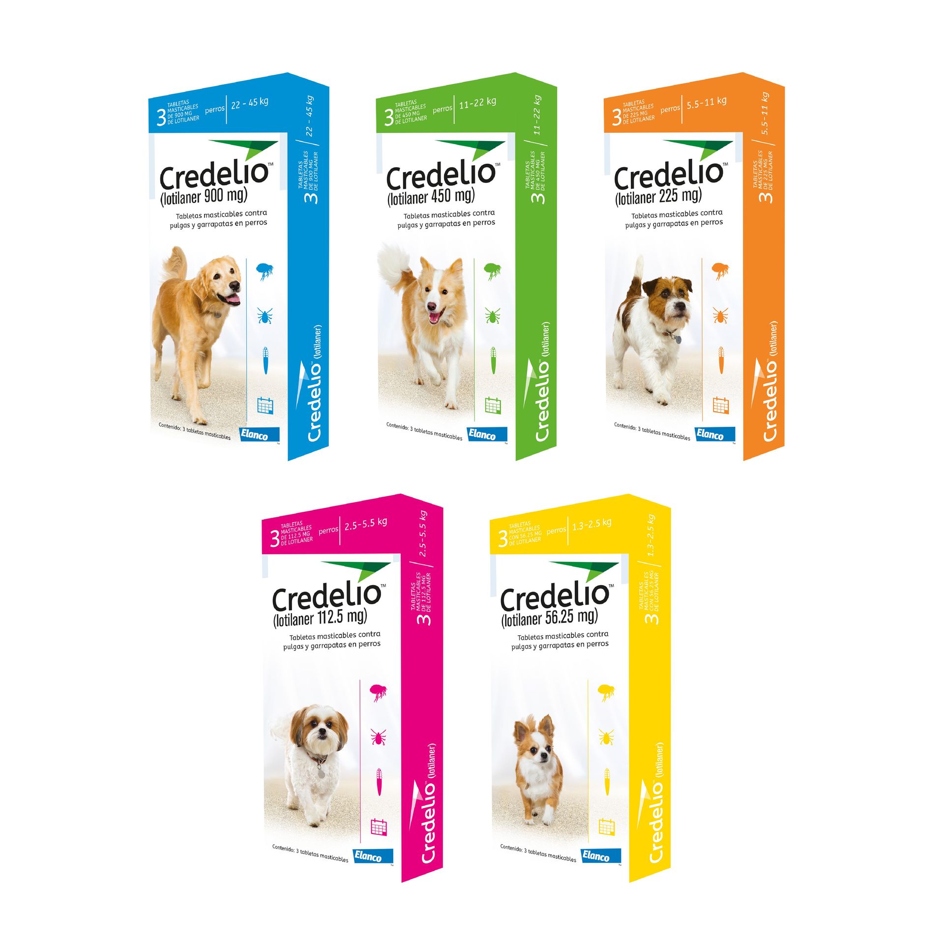 Cinco cajas de medicamento Credelio contra pulgas y garrapatas para perros en diferentes colores.