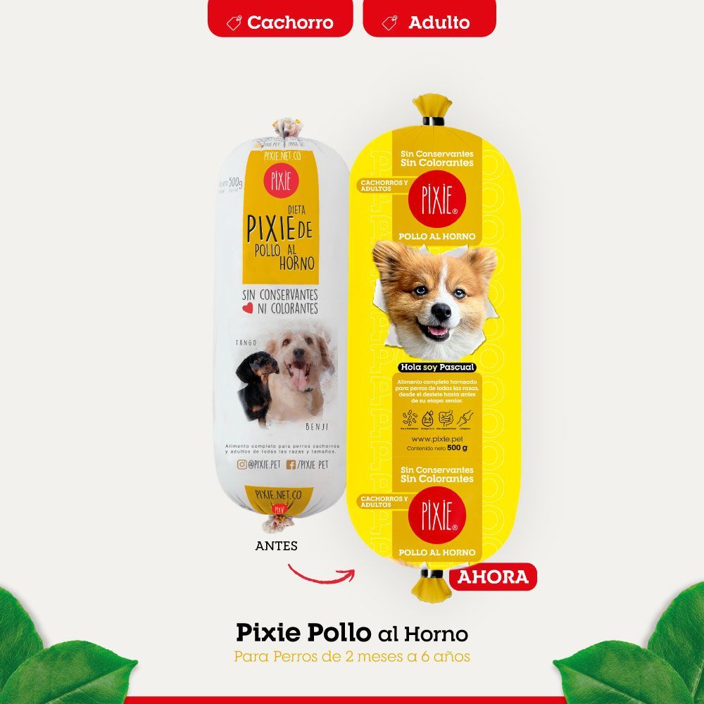 Dos paquetes de comida para perros Pixie, uno para cachorros y otro para adultos, que muestran el producto y los perros.