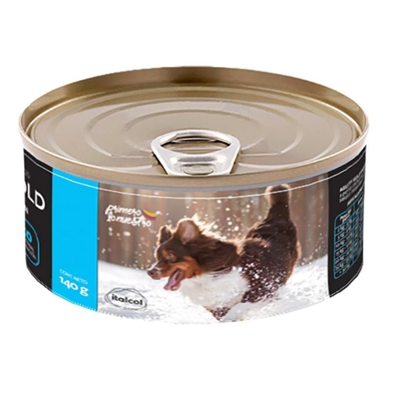 Dos latas de comida para perros, una negra y otra azul claro, etiquetadas 