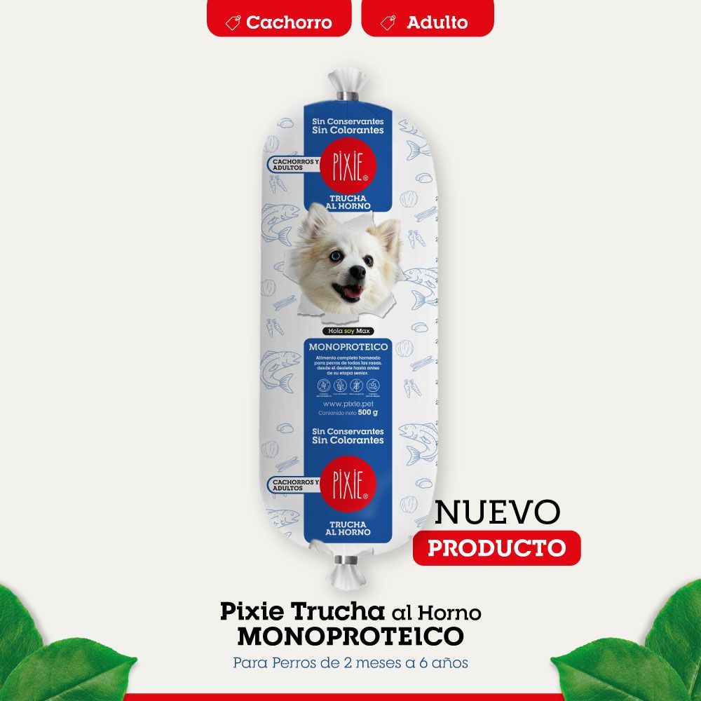 Alimento en rollo con cara de perro, etiquetado “Pixie Trucha al Horno MONOPROTEICO”, ​​para cachorros y adultos.