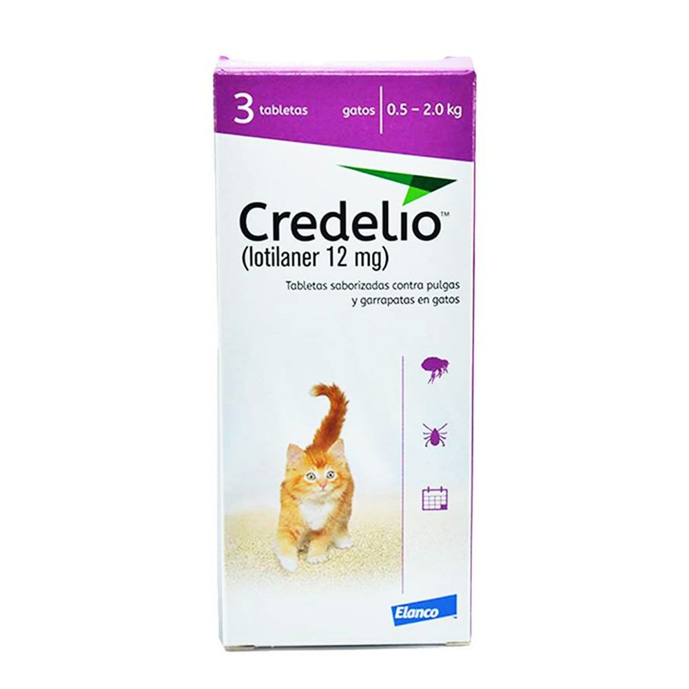 Caja de comprimidos Credelio contra pulgas y garrapatas para gatos, con ilustración de un gato y detalles del producto.