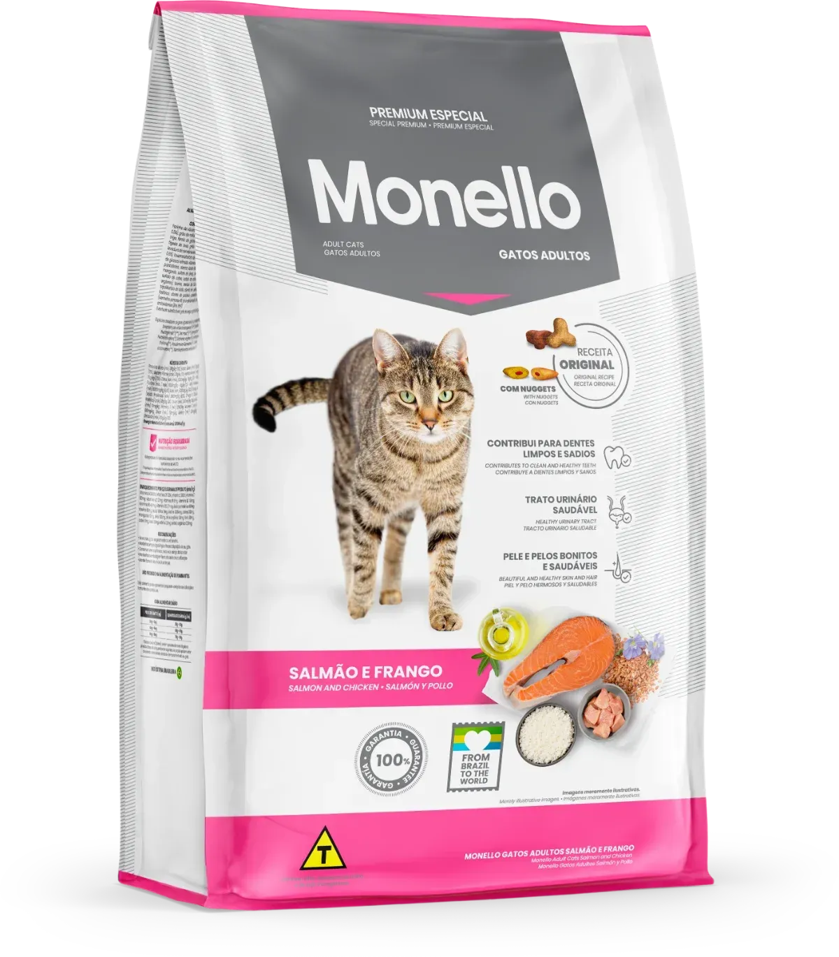 Bolsa de comida para gatos Monello con ilustración de un gato, salmón e ingredientes. Envase rosa y blanco.