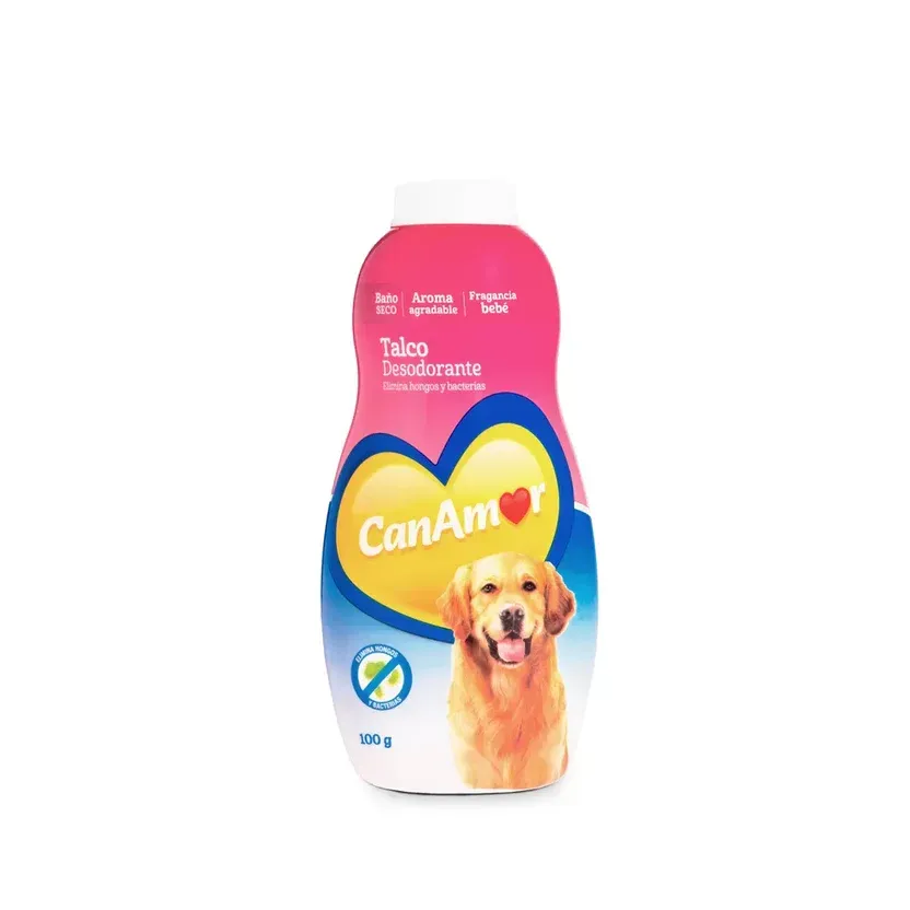 Botella de desodorante en talco para perros CanAmor con ilustración de un golden retriever.