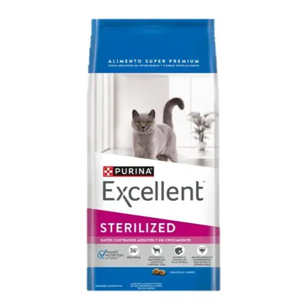 Bolsa de alimento para gatos Purina Excellent Esterilizado, con gato de color gris.
