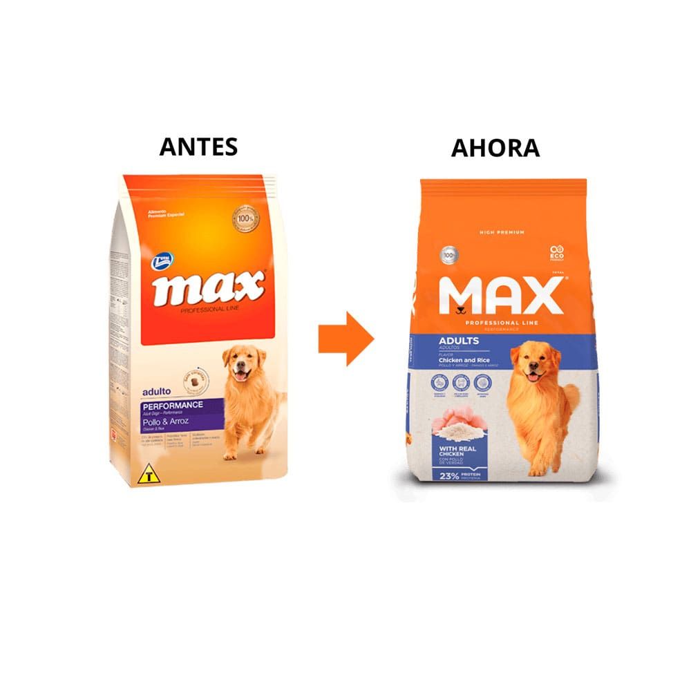 Bolsa de comida para perro con imagen de golden retriever; envase de color naranja y azul; marca “MAX”.