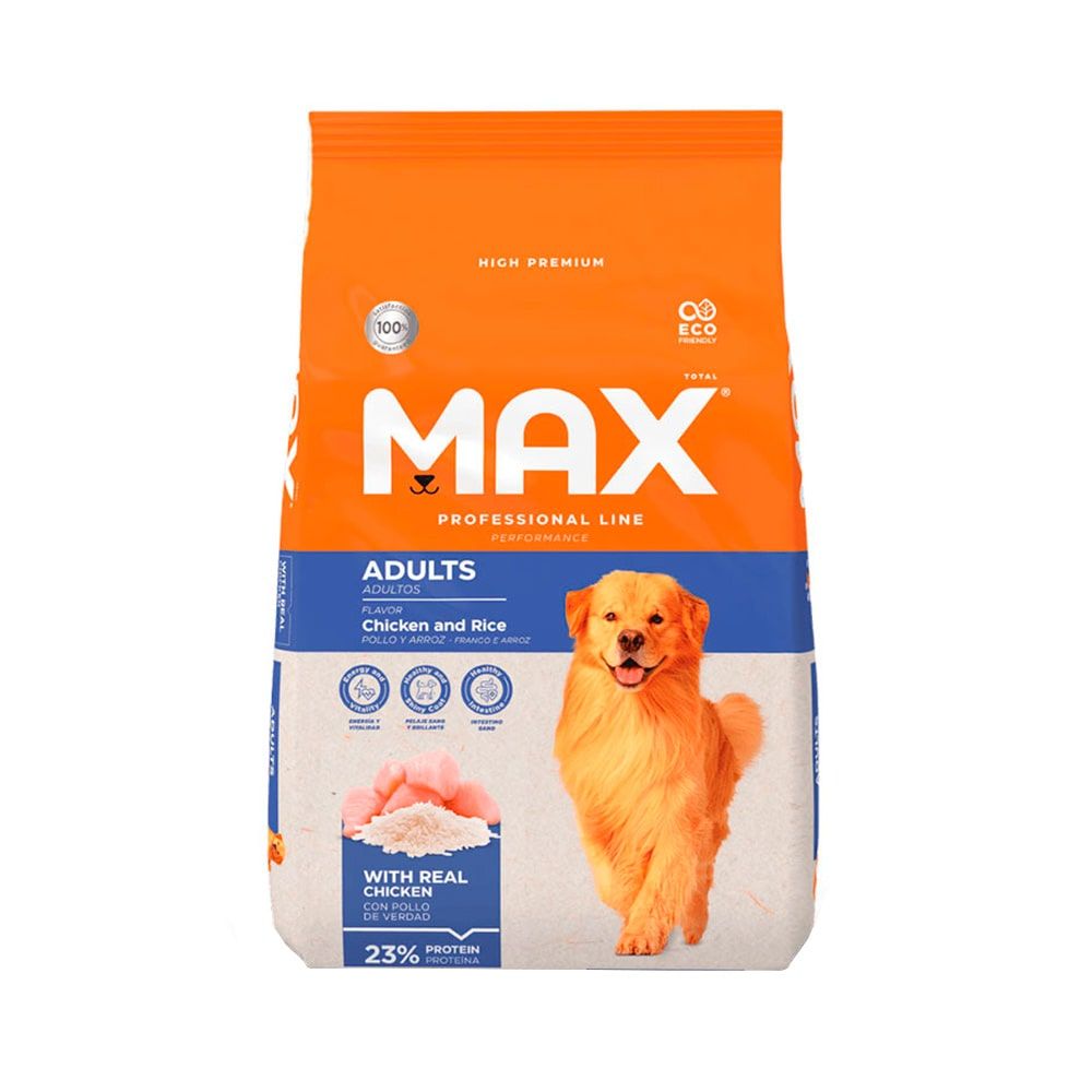 Bolsa de comida para perro con imagen de golden retriever; envase de color naranja y azul; marca “MAX”.