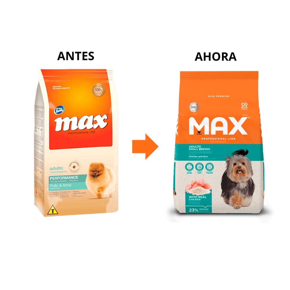Bolsa de comida para perro, color naranja y verde azulado, marca “MAX”, con foto de un perro pequeño y un pollo.