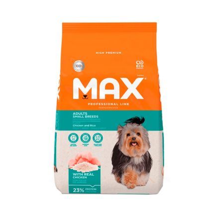 Bolsa de comida para perro, color naranja y verde azulado, marca “MAX”, con foto de un perro pequeño y un pollo.
