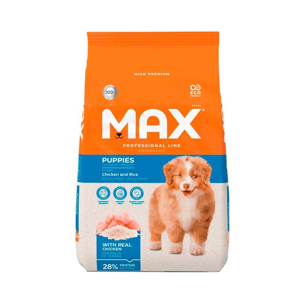 Bolsa de alimento para cachorros marca Max con imagen de un cachorro, packaging naranja y azul.