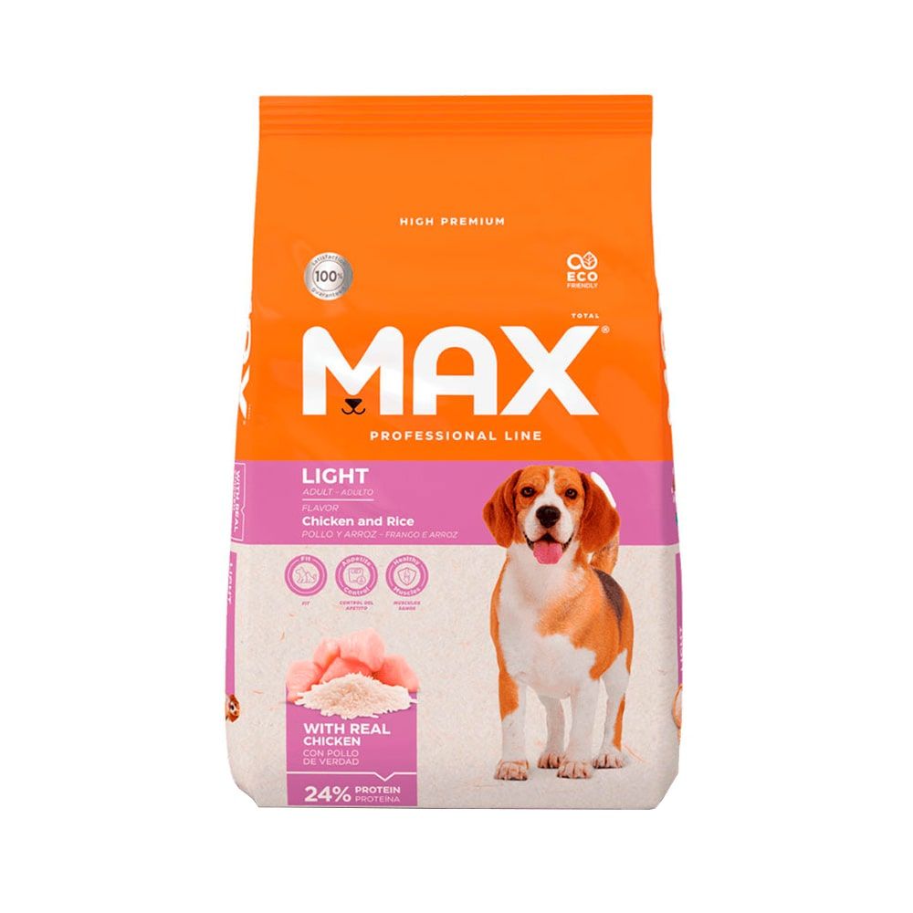Bolsa de comida para perros Max, packaging naranja y rosa, con imagen de Beagle y pollo.