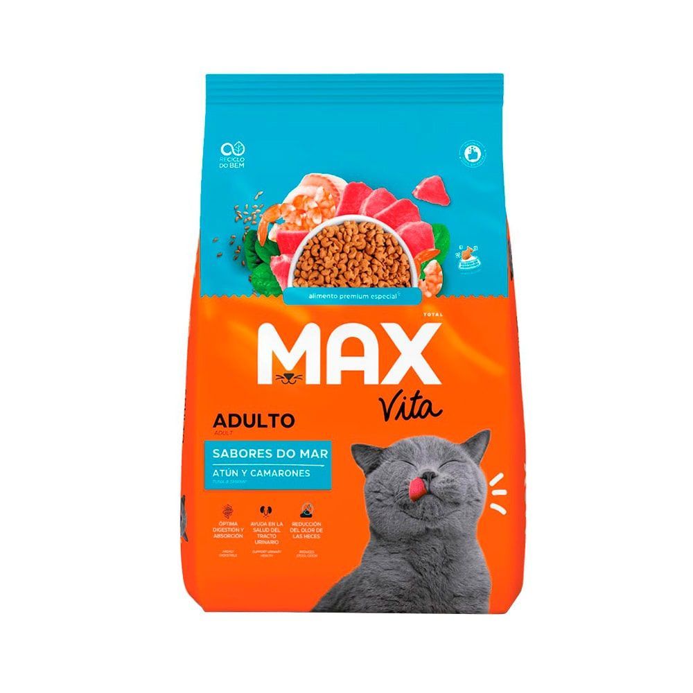 Bolsa naranja y azul de comida para gatos adultos Max Vita con ilustración de un gato gris y mariscos.