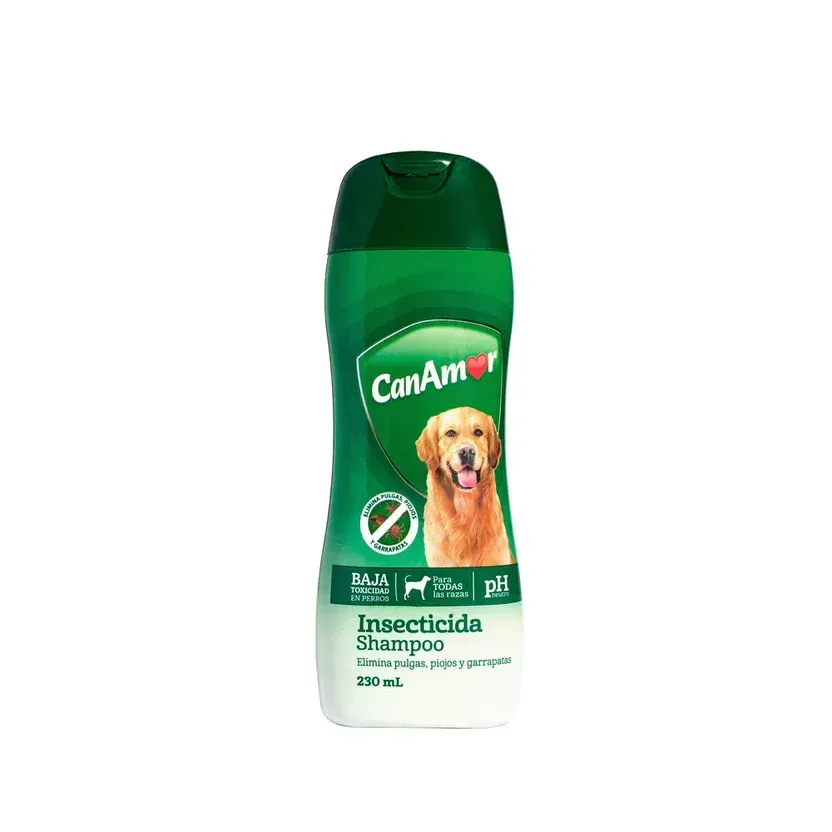Botella de champú para perros CanAm Insecticida verde y blanco con un Golden Retriever.