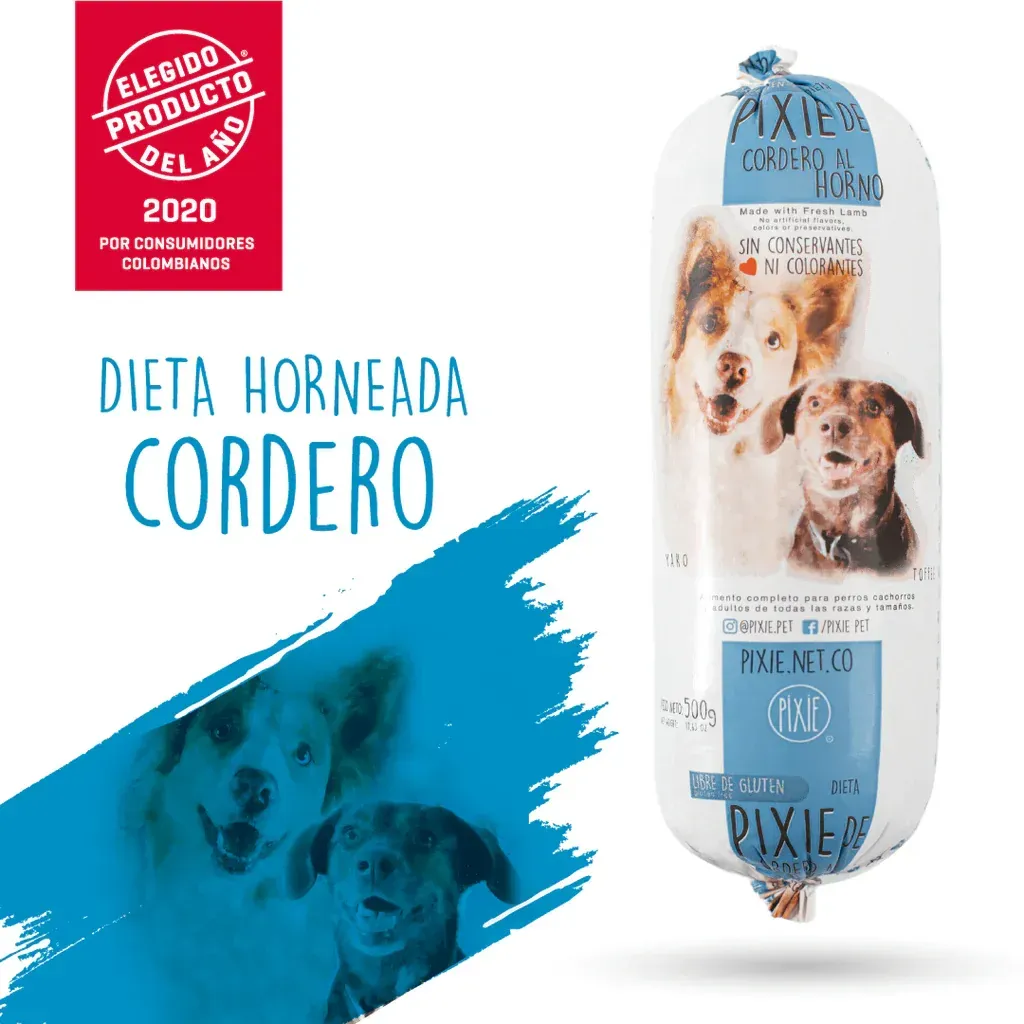 Dieta de cordero al horno para perros. Envase cilíndrico con fotos del perro y el logo 