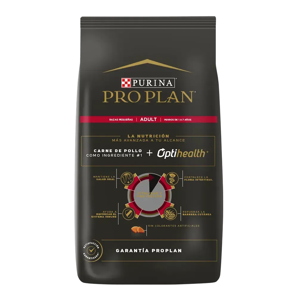 Una bolsa de comida para perros Purina Pro Plan junto a un Bulldog Francés.