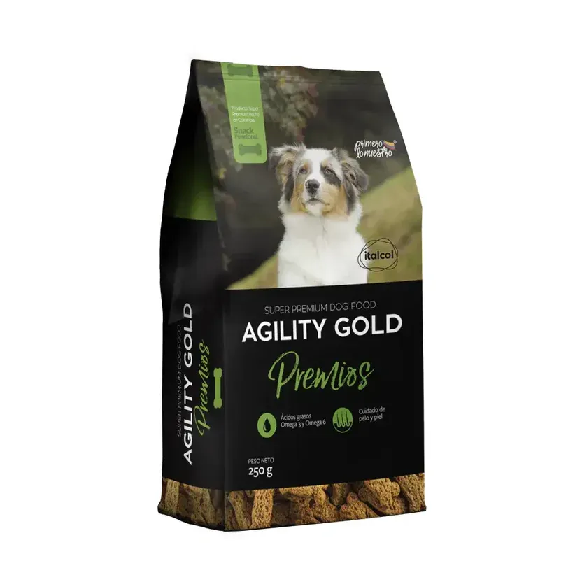 Bolsa de comida para perros Agility Gold con un perro en el envase.