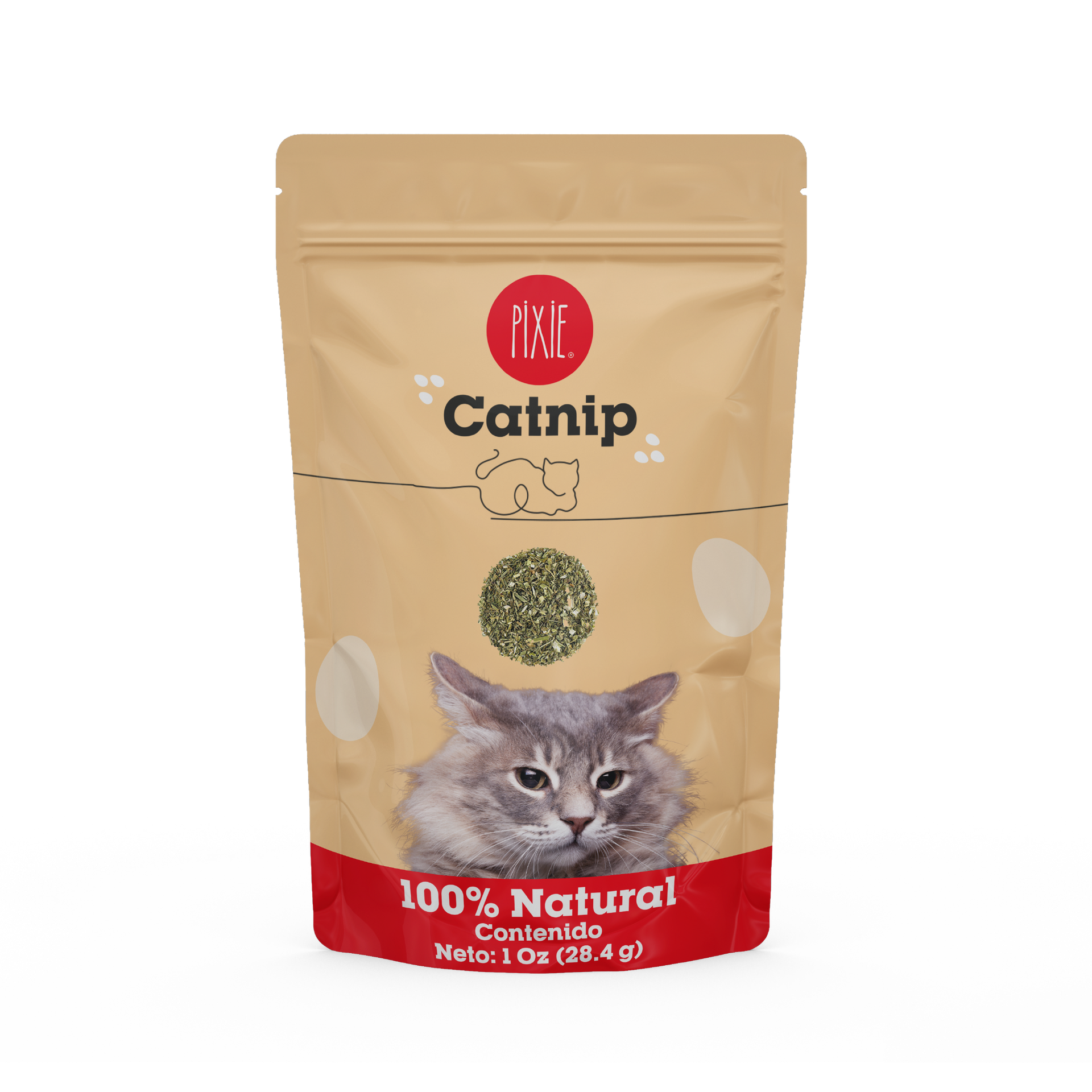 Bolsa de hierba gatera con imagen de gato; marrón, rojo y blanco. 