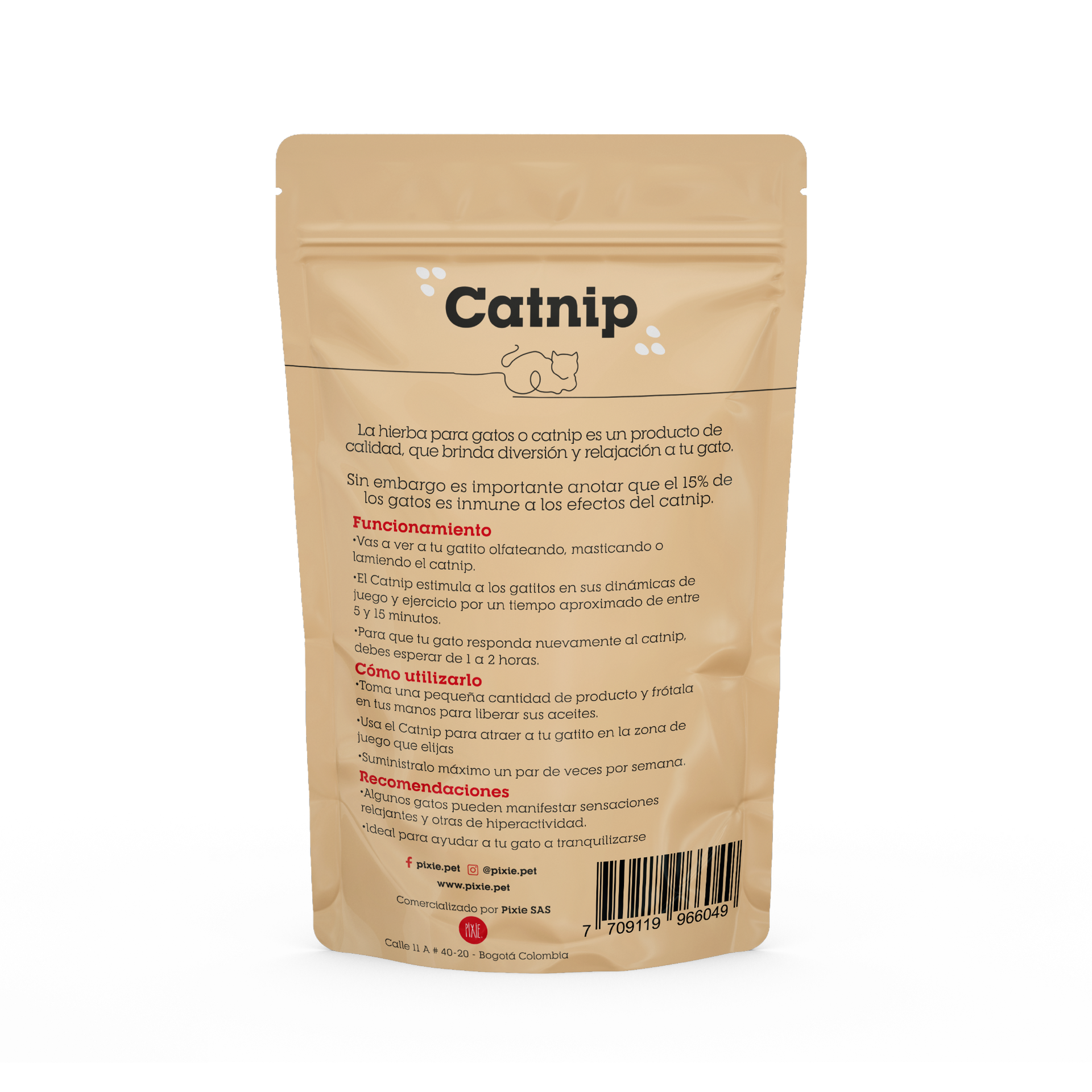 Bolsa de hierba gatera con imagen de gato; marrón, rojo y blanco. 
