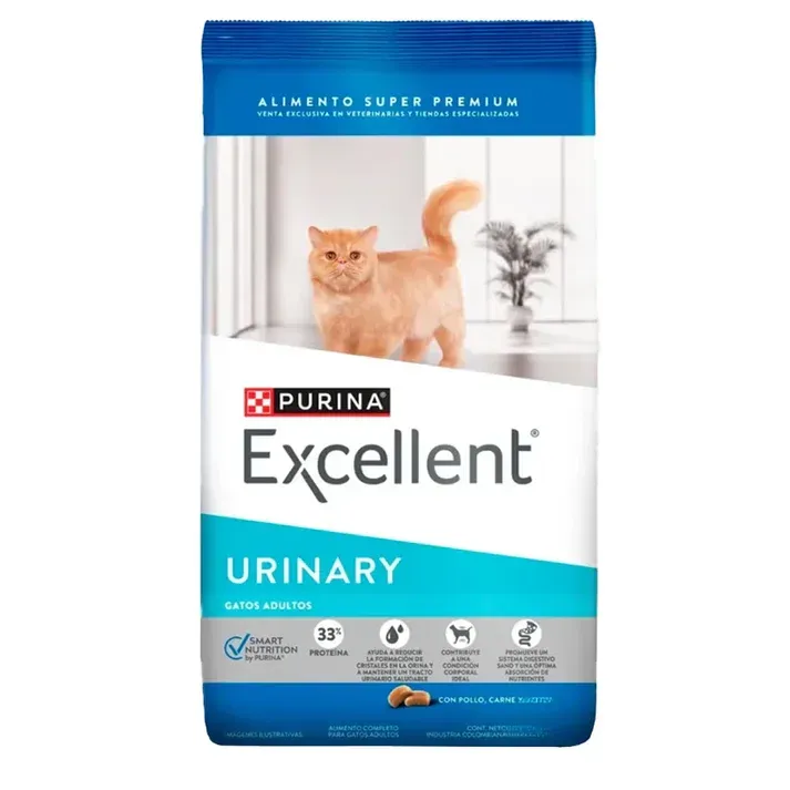 Bolsa de alimento para gatos Purina Excellent Urinary con un gato pelirrojo en el frente.