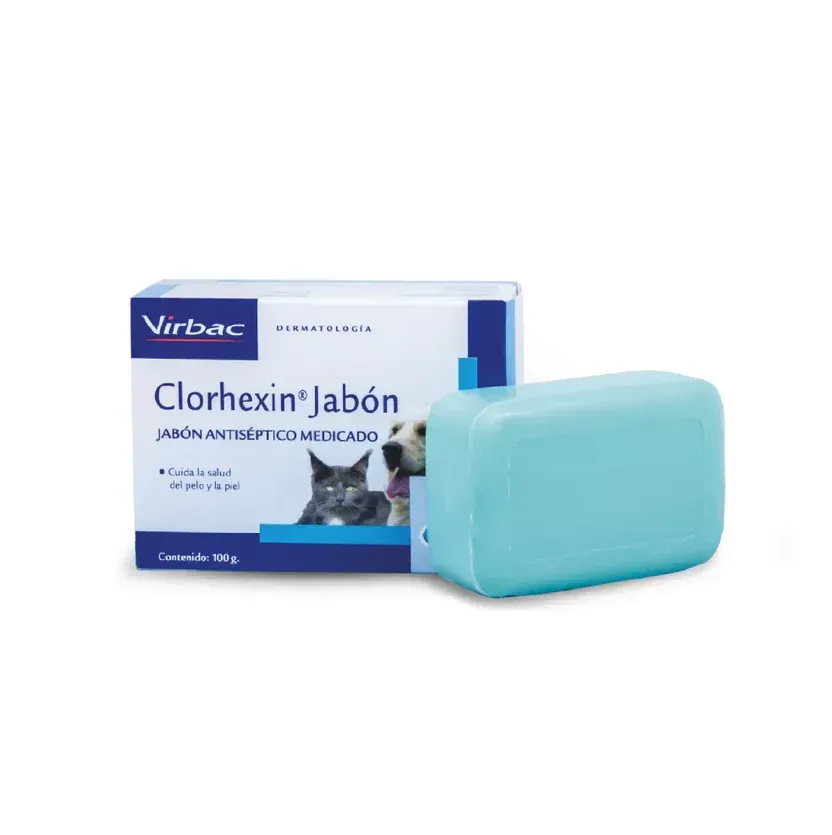 Caja de jabón Clorhexin Virbac y una pastilla de jabón azul individual, para mascotas.