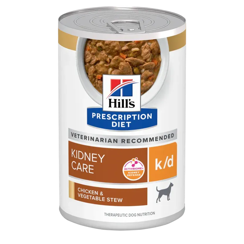 Una lata de comida para perros Hill's k/d Kidney Care: estofado de pollo y verduras.