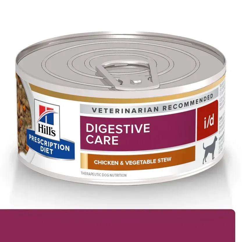 Lata de comida para perros Hill's Prescription Diet i/d Digestive Care, guiso de pollo y verduras.
