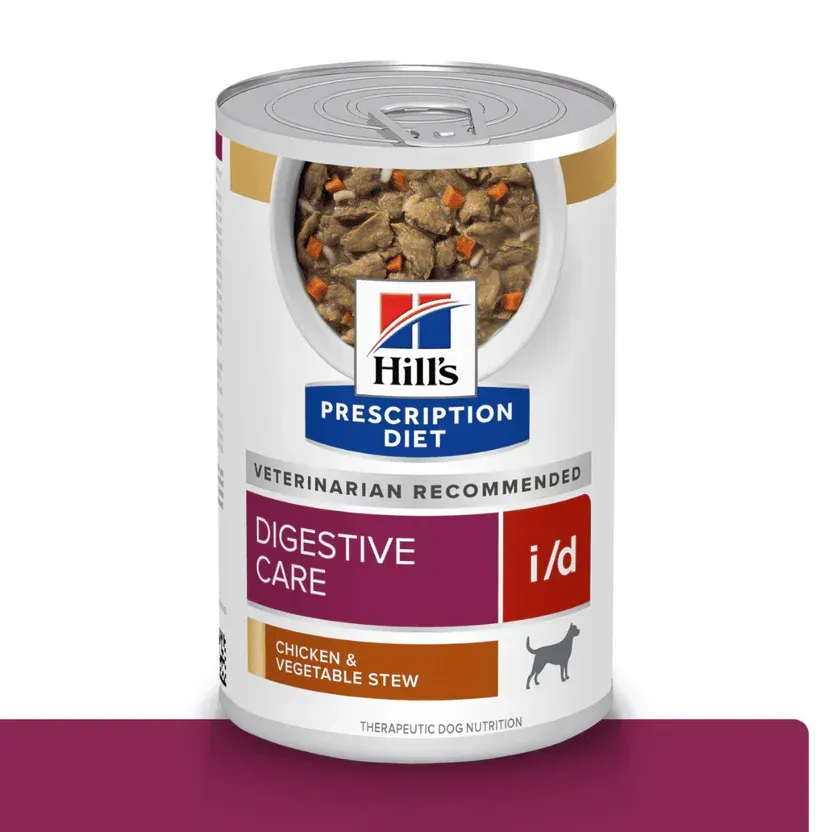 Lata de comida para perros Hill's Prescription Diet i/d Digestive Care, guiso de pollo y verduras.