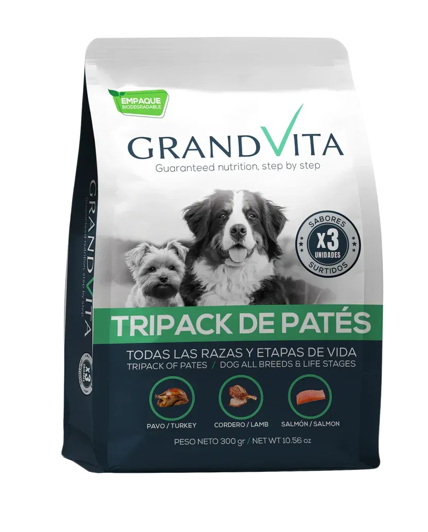 Bolsa de comida para perros con dos perros, texto 