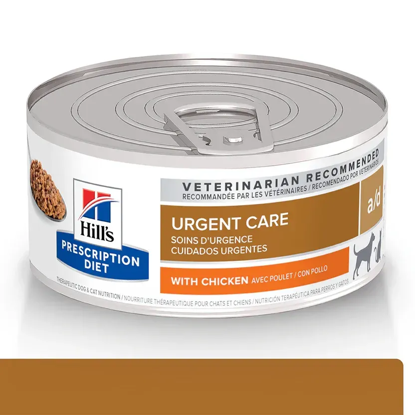 Lata de alimento para perros Hill's Prescription Diet Urgent Care, con pollo, recomendado por veterinarios.