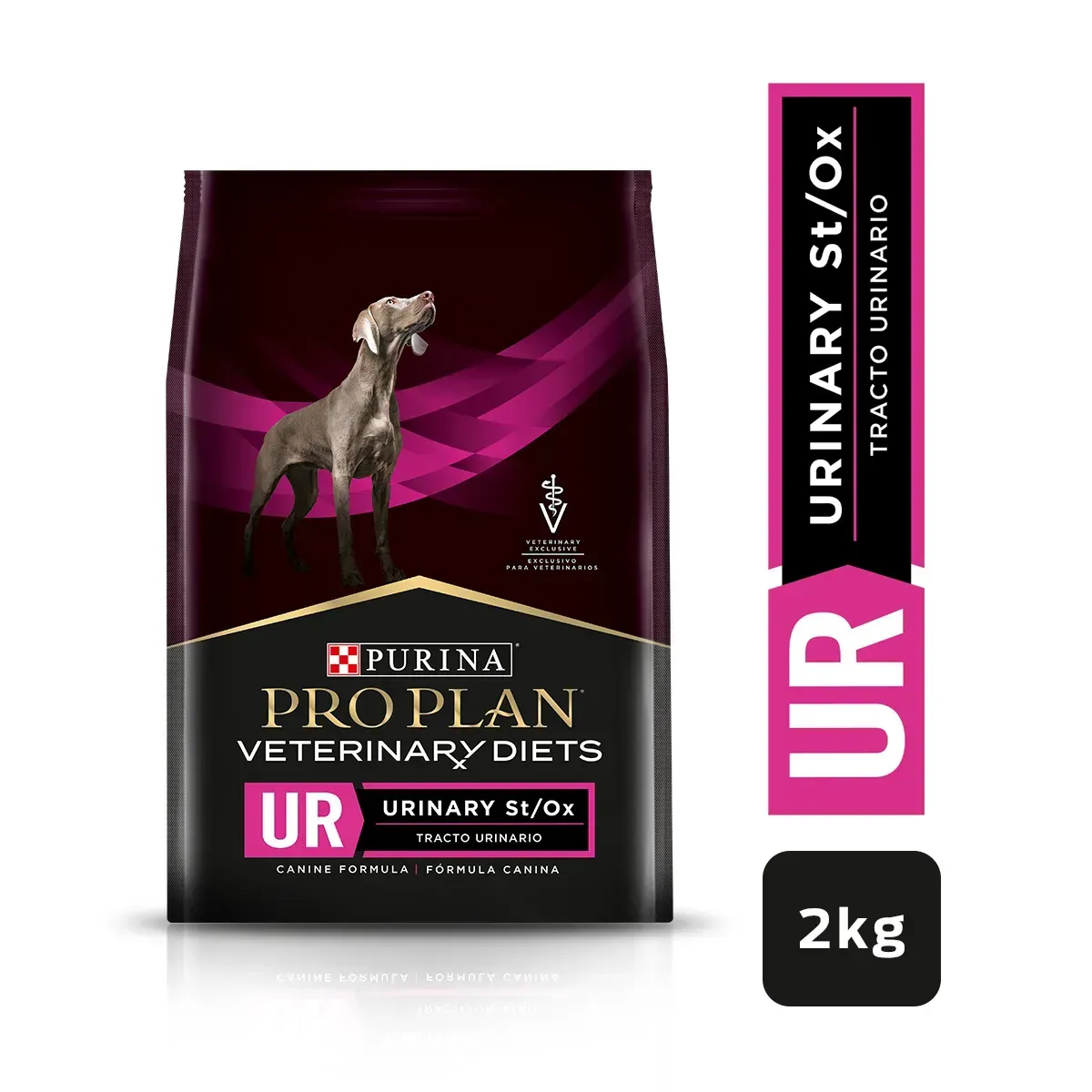 Una bolsa de alimento para perros Purina Pro Plan Urinary St/Ox con la silueta de un perro y detalles rosas.