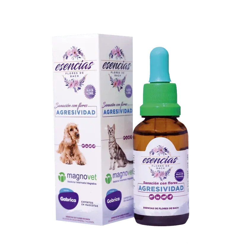 Caja y frasco de remedio para la agresividad perro/gato Magnovet con diseño floral.