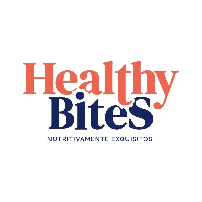 Logotipo de Healthy Bites con texto en coral y azul marino, "NUTRTIVAMENTE EXQUISITOS" debajo.