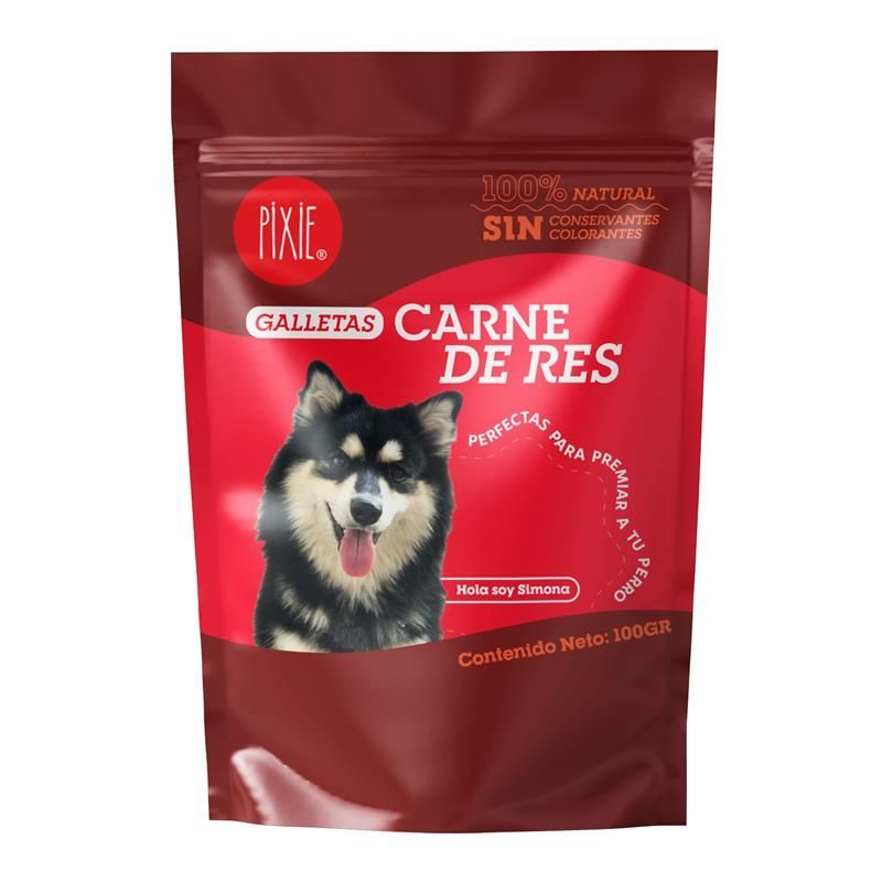 Bolsa de golosinas para perros con un perro en el frente, empaque rojo y marrón, dice 