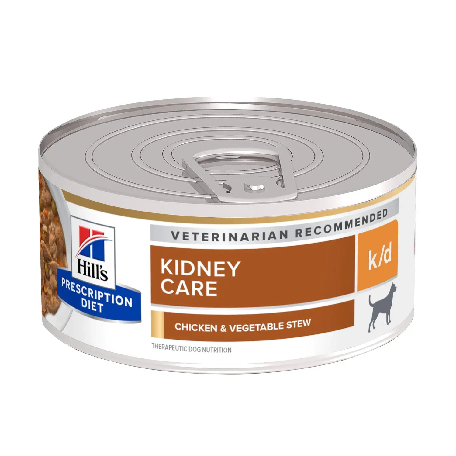 Una lata de comida para perros Hill's k/d Kidney Care: estofado de pollo y verduras.