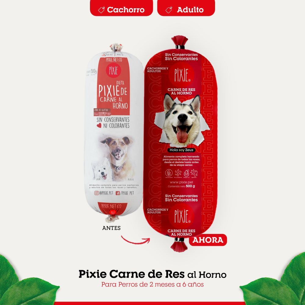 Dos paquetes de comida para perros Pixie: uno blanco para cachorros y otro rojo para adultos, uno al lado del otro.