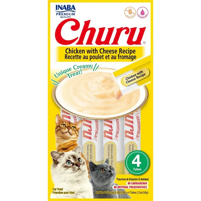 Paquete de premios Churu para gatos; receta de pollo con queso. Amarillo, con 4 tubos y fotos del gato.