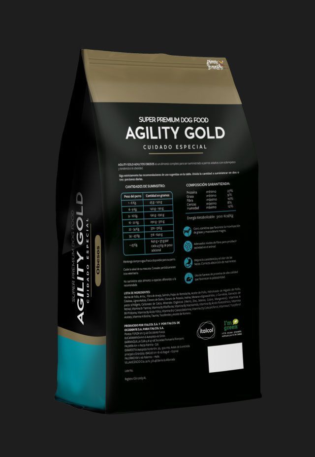 Bolsa de alimento para perros Agility Gold, con envase de Labrador Retriever, color azul y negro.