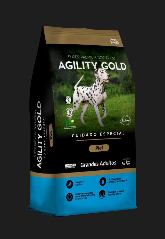 Bolsa de comida para perro con dálmata, marca “Agility Gold”.