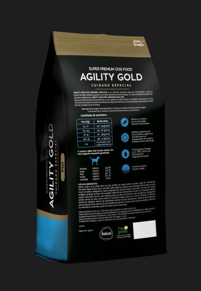 Bolsa de comida para perro con dálmata, marca “Agility Gold”.