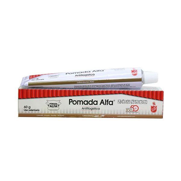 Tubo de crema para quemaduras Pomada Alfa y su caja; empaque blanco, rojo y dorado.
