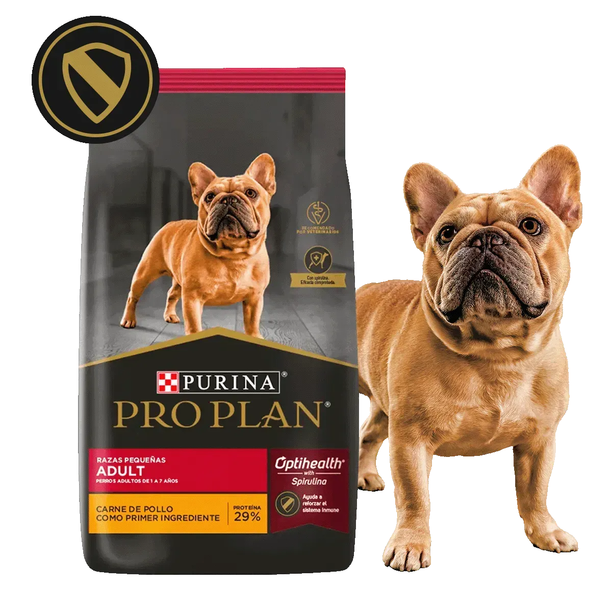Una bolsa de comida para perros Purina Pro Plan junto a un Bulldog Francés.