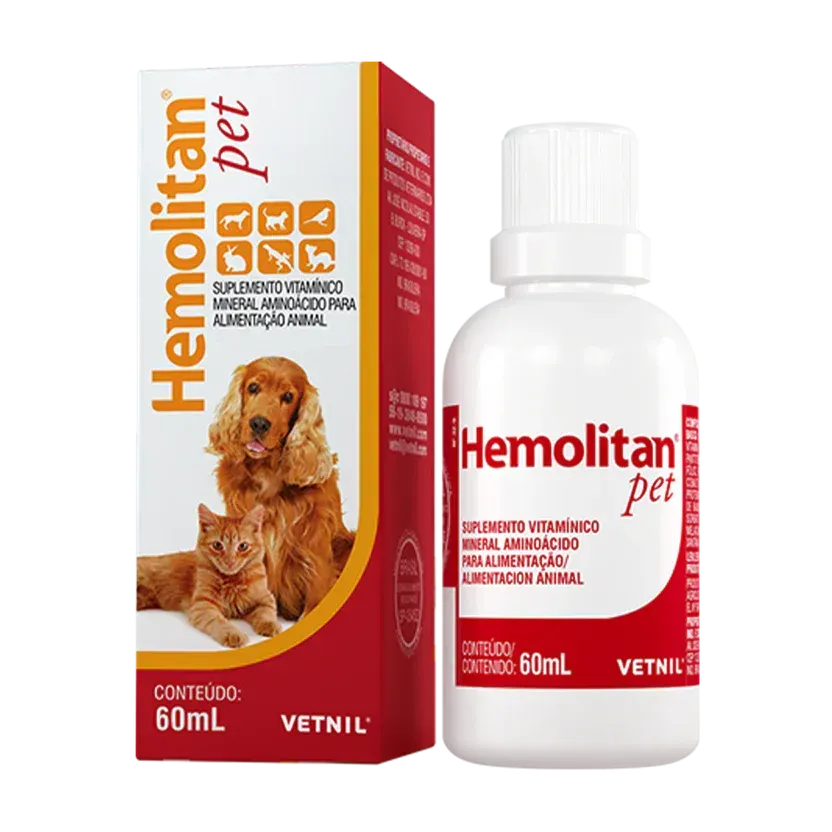 Caja y frasco de Hemolitan suplemento para alimentación animal.