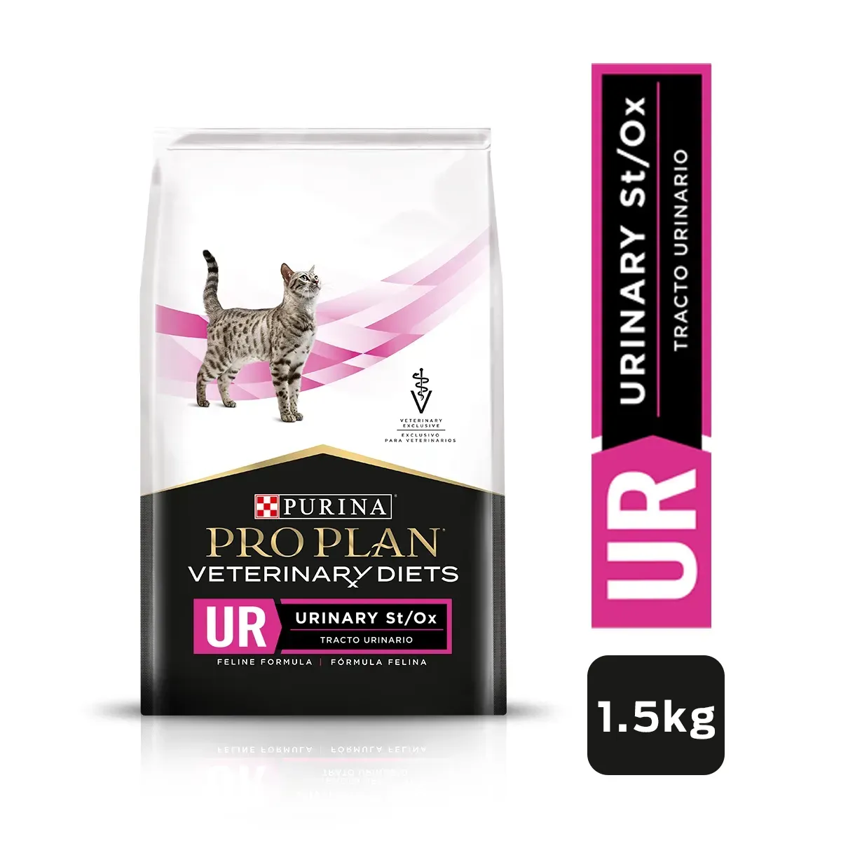 Bolsa de comida para gatos Purina Pro Plan Veterinary Diets UR, con ilustración de gato y detalles en rosa, 1,5 kg.